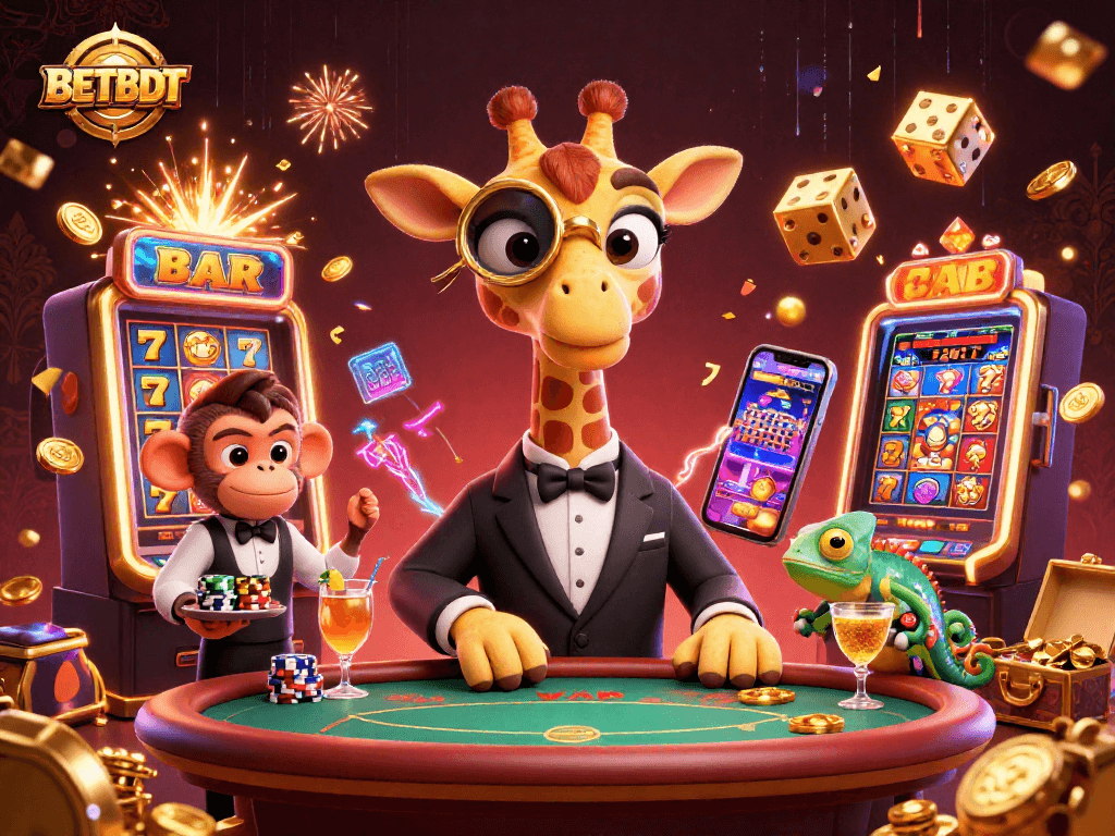 Experience exciting gambling adventures with BETBDT as a high-roller giraffe plays poker amidst lavish casino elements.