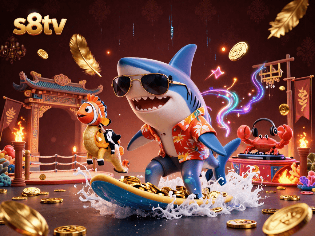 Experience thrilling gambling action with s8tv's vibrant 3D illustration showcasing a shark, clownfish, and crab in an enchanting casino scene