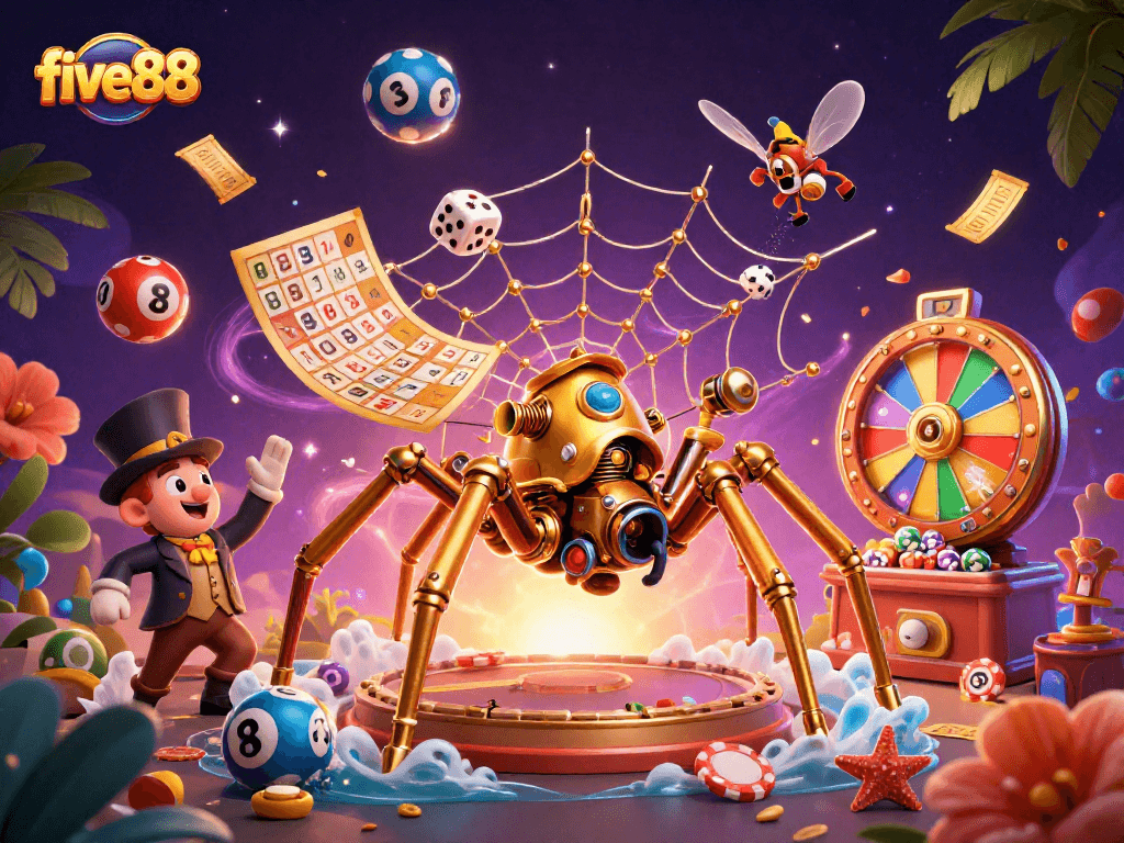 Engage in thrilling gaming adventures with five88 as the steampunk spider catches lucky dice amidst vibrant lottery elements.