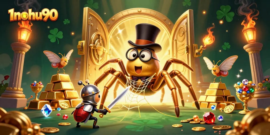 Experience the thrill at 1nohu90 with a giant tarantula and dragonfly knight amidst dazzling casino treasures.
