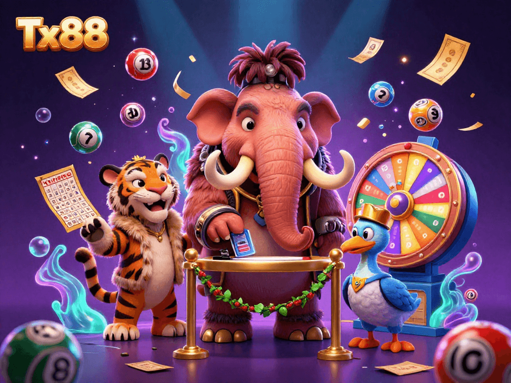Tx88 invites excitement with a vibrant 3D casino bouncer scene, showcasing game elements and rich textures.