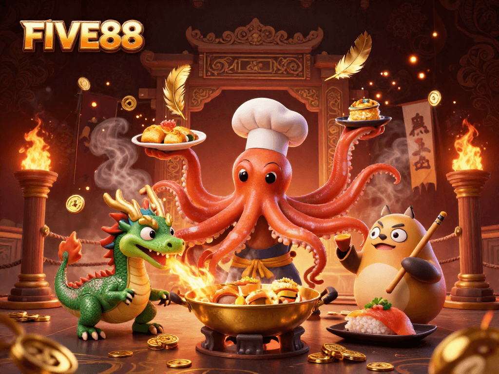 FIVE88 players engaging in winning strategies with vibrant 3D decoration featuring chefs and dragons.