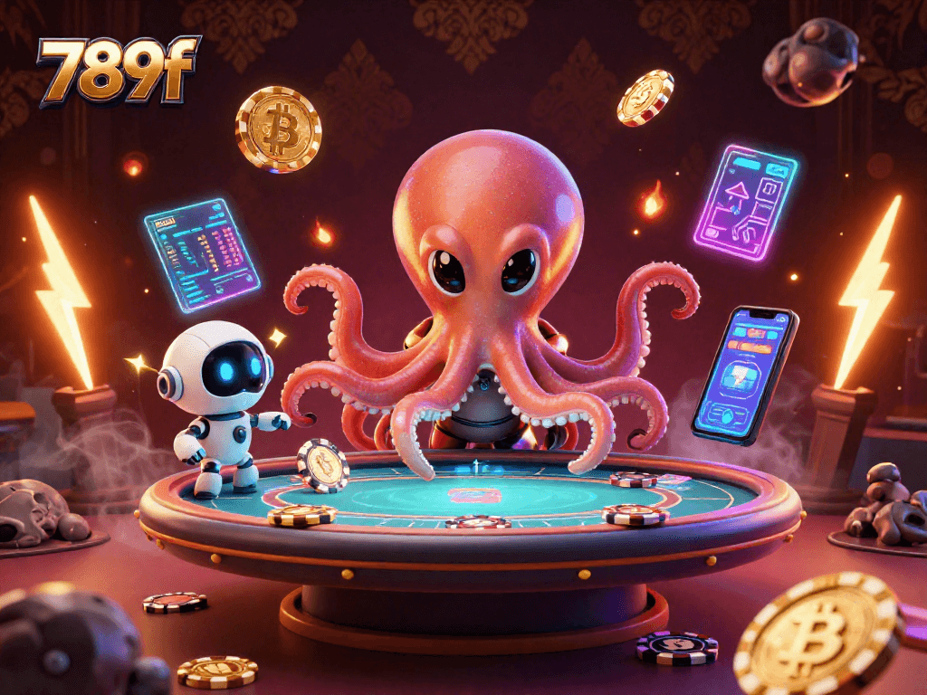 Engage in exciting gameplay with 789f, featuring an alien octopus managing a poker table in a cosmic casino.