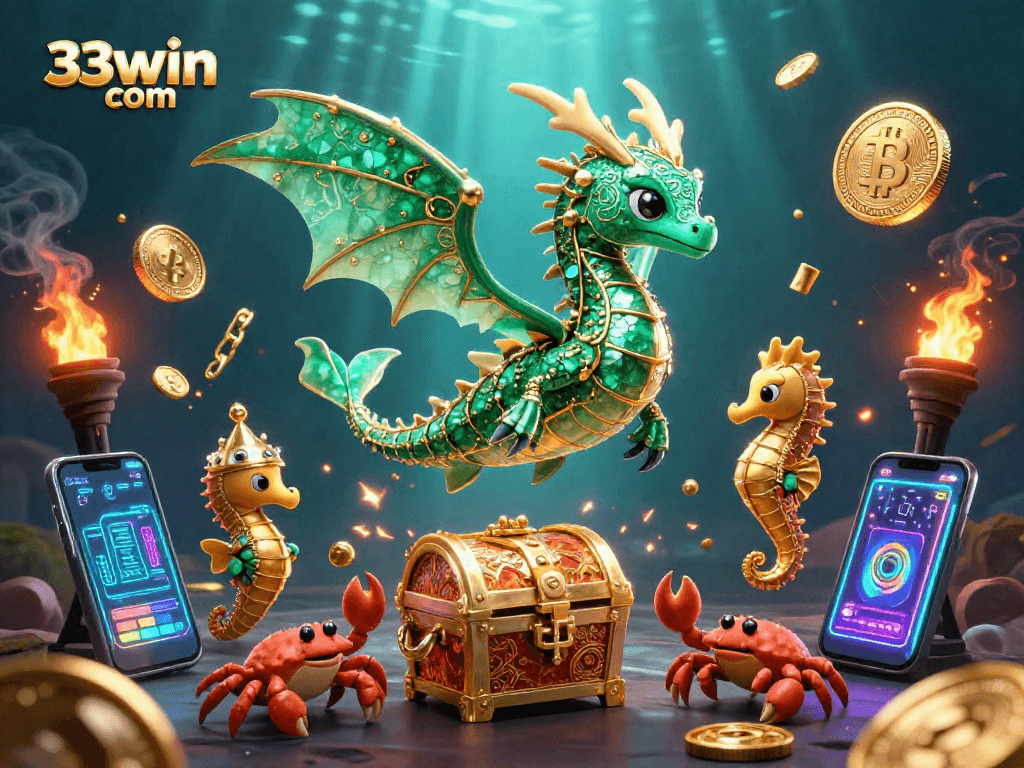 Experience the vibrant underwater scene of 33win com with a glowing sea dragon and cryptocurrency elements.