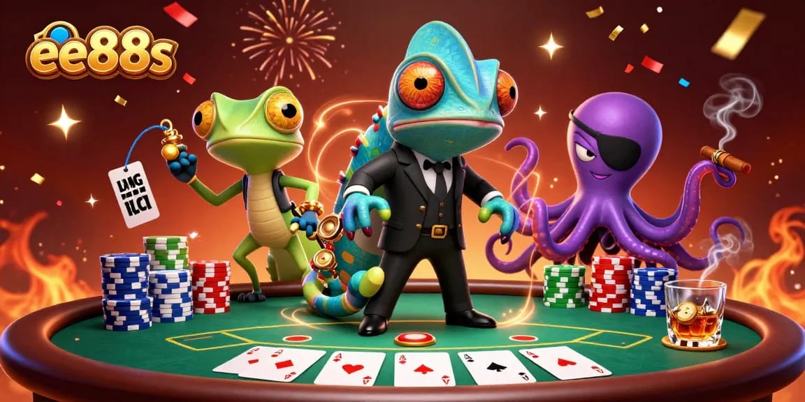 Engage with the vibrant scene showcasing ee88s featuring a secret agent chameleon, tech-gecko, and octopus in a casino.