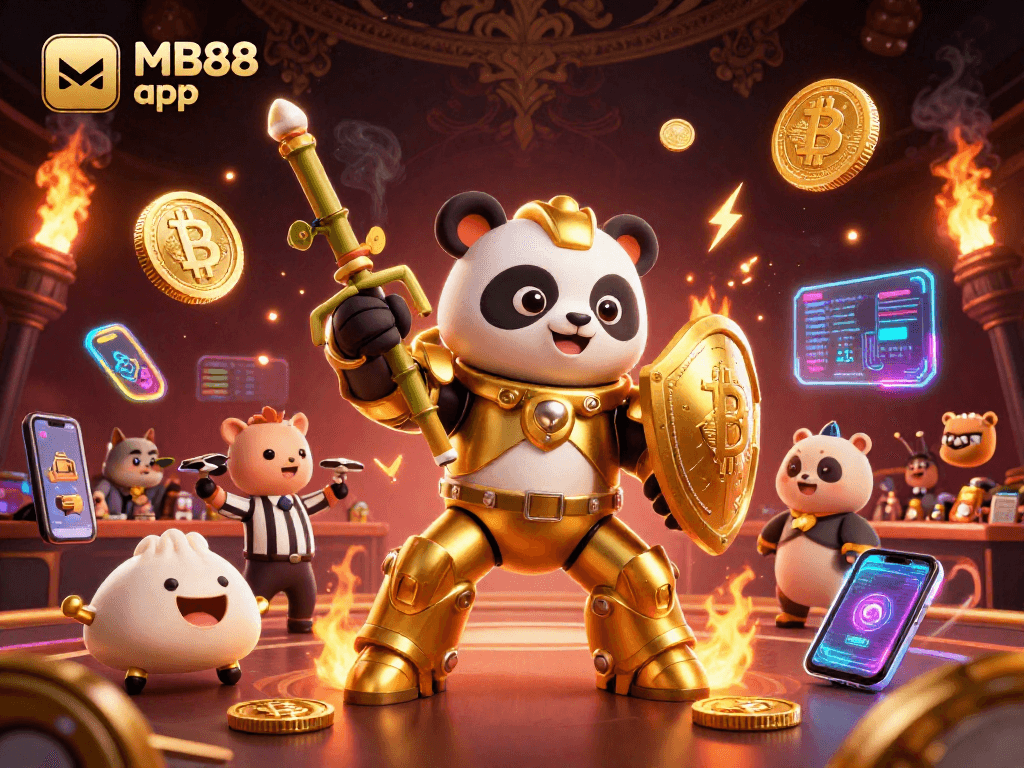 Engage with the exciting MB88 app in a vibrant casino scene featuring a unique mech-suit panda and digital elements.