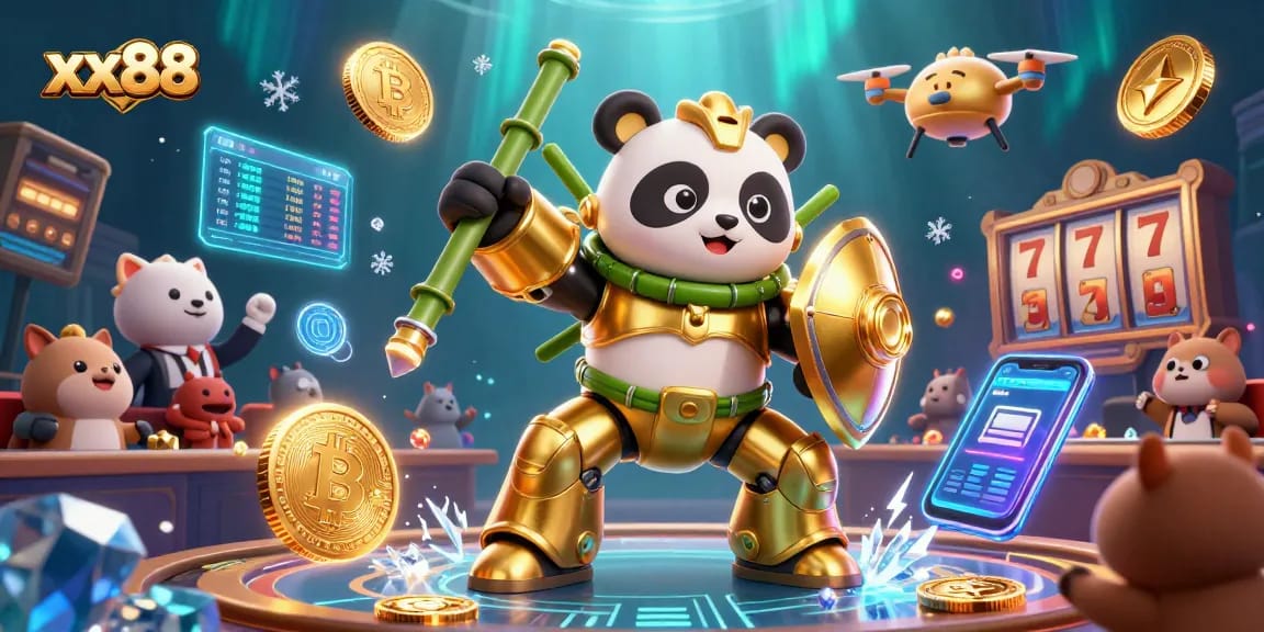 Engage in thrilling gameplay at xx88 with a golden panda and crypto coins.