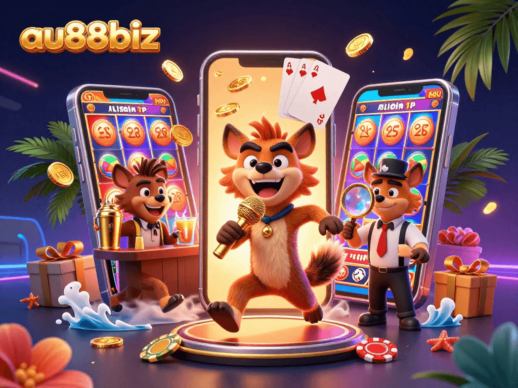 Engage with AU88biz through immersive comedy casino scenes featuring hyenas, captivating games, and vibrant visuals.