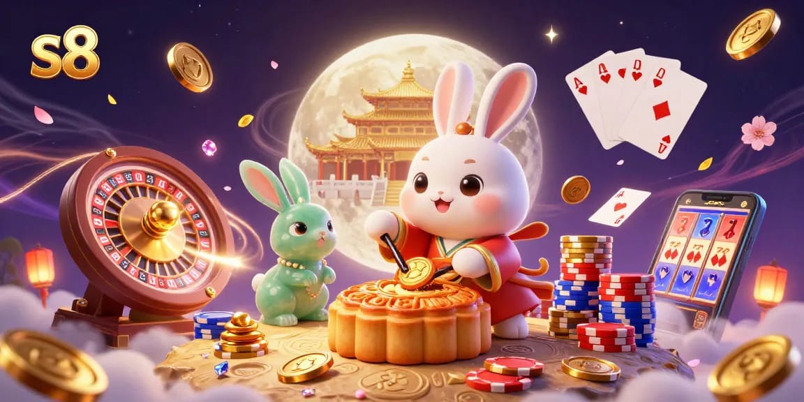 Experience thrilling gameplay at S8 with poker chips and festive elements in the mystical moon scene.