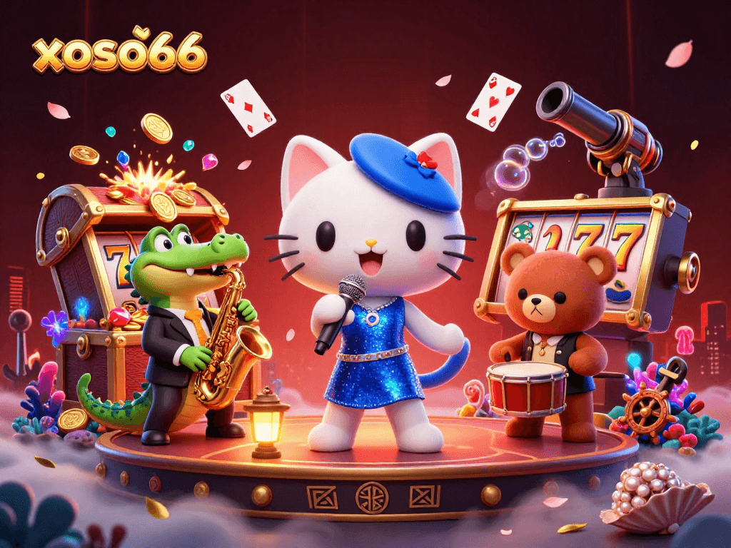 Experience the excitement of xoso66 with a lively casino scene featuring vibrant characters and games.