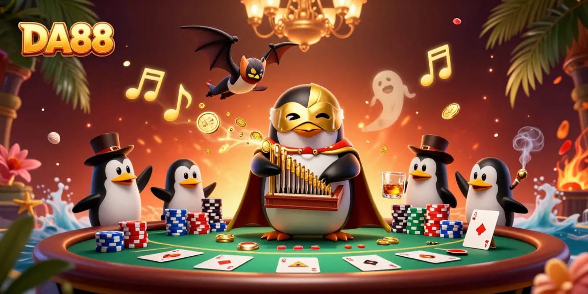 Experience excitement with DA88 at a vibrant casino scene featuring the unique penguin and poker elements.
