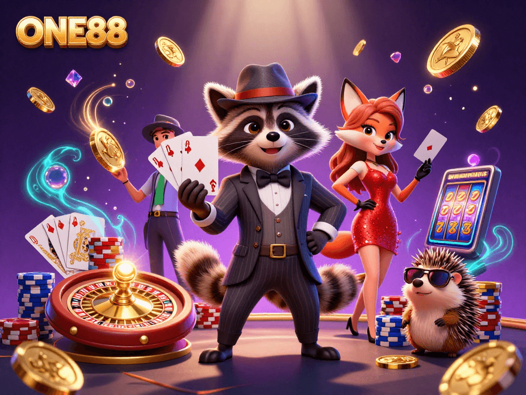 Experience exciting gameplay at ONE88, featuring charming characters in a vibrant casino setting.