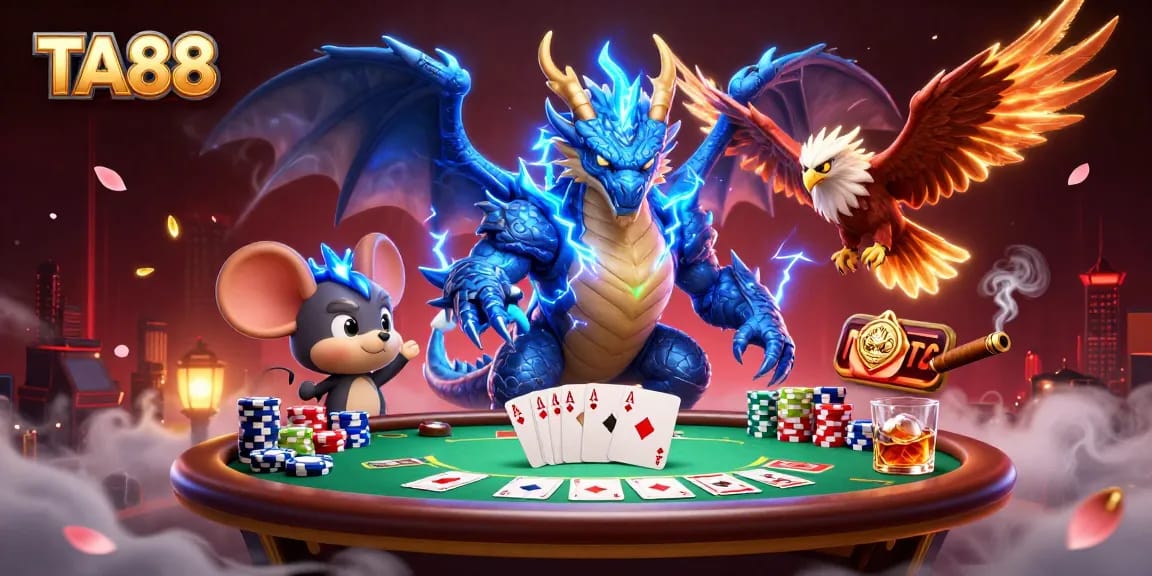 Engage with TA88's thrilling poker scene featuring vibrant characters and game elements.