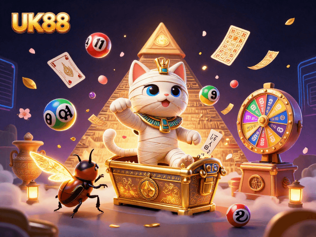 Experience thrilling slots at UK88 with a dynamic casino scene featuring vibrant elements and rich details.