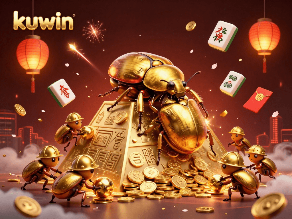 Kuwin guides players in a thrilling treasure hunt with golden beetles, coins, and vibrant casino symbols.