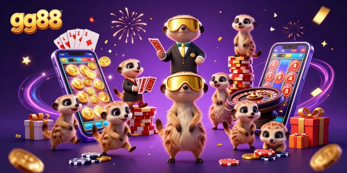 Experience the excitement at gg88 with lively meerkats in a casino environment, showcasing dynamic gaming action.