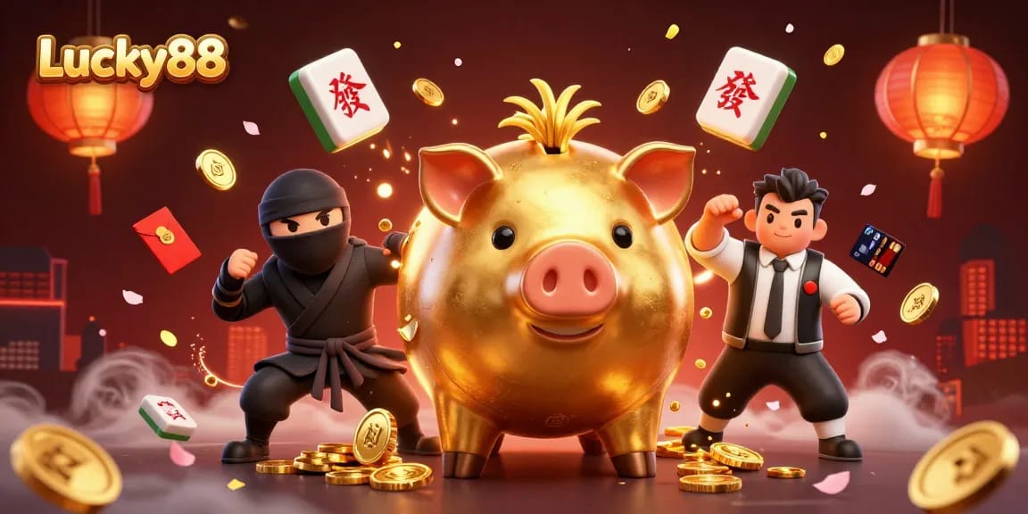 Lucky88 showcases a sumo wrestler piggy bank stomping coins amidst cherry blossom and festive elements.