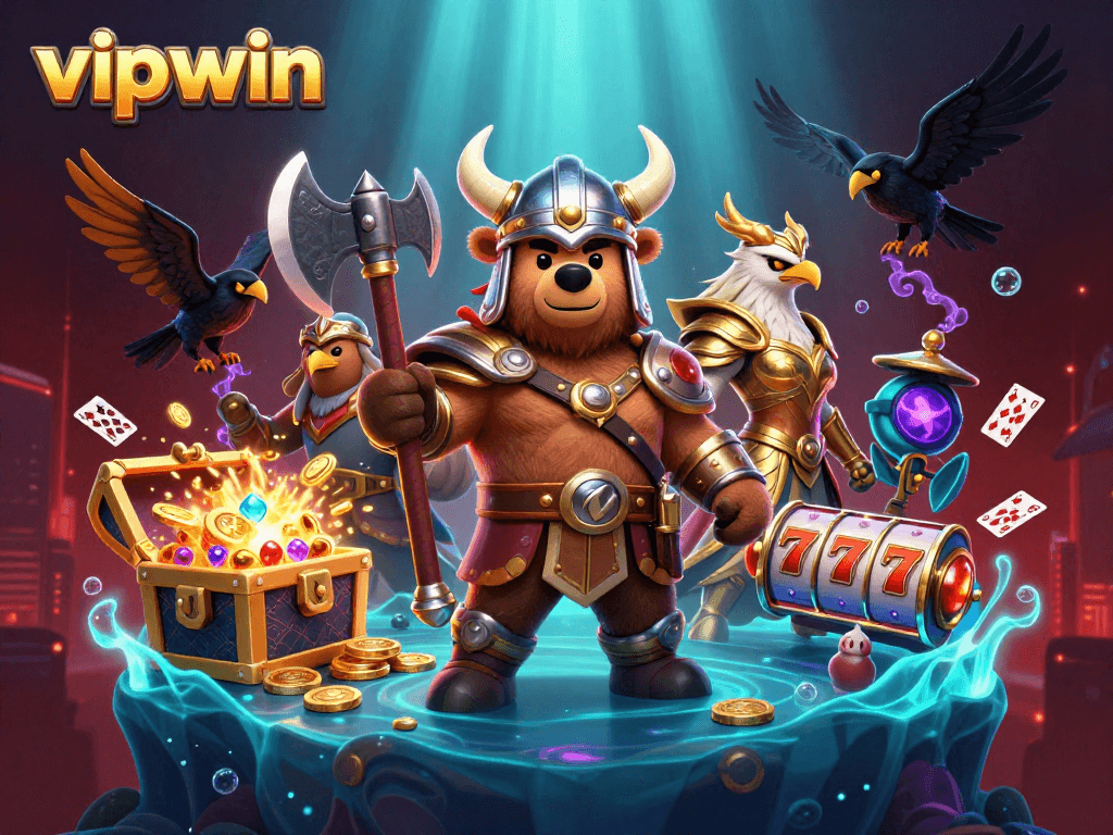 Experience epic wins at vipwin with a Viking bear and Valkyrie in a bustling casino scene.