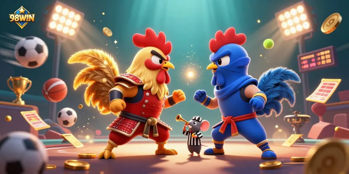 Engage with the thrilling 98WIN experience amidst a dynamic casino showdown featuring roosters and sports elements.