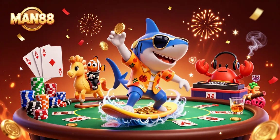 Experience thrilling games at MAN88 with electrifying 3D characters celebrating amidst vibrant casino elements.