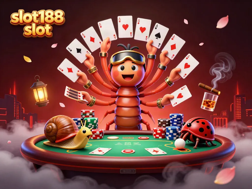 Mengakses slot188 slot dengan aman melalui dealer kartun dan tumpukan chip dalam ilustrasi kasino digital.