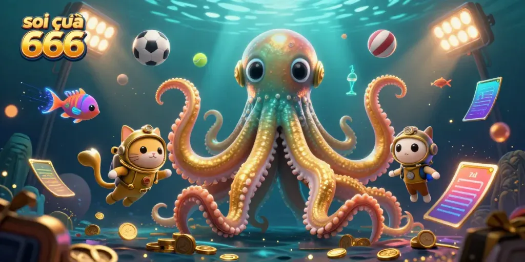 Experience thrilling gameplay with soi cầu 666, featuring a golden kraken and dynamic sports elements.