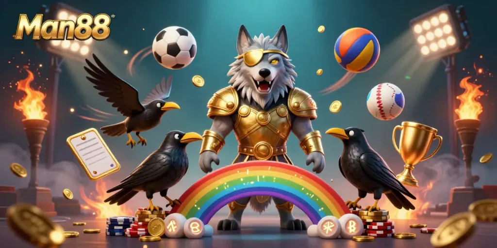 Experience the excitement of Man88 with a Norse-themed casino adventure featuring Odin and ravens amidst sports elements.