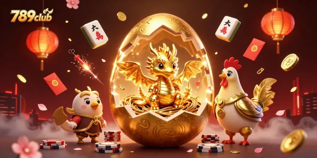 Engage with the thrilling world of 789club through a dynamic 3D illustration featuring a golden dragon and poker chips.
