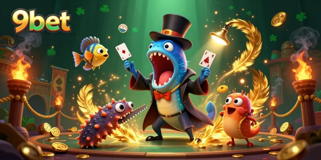 Experience the excitement of 9bet with a magical underwater casino scene featuring unique creatures.