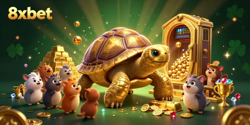 Engage with 8xbet's exciting casino features in this lively illustration of players enjoying a colossal pinball tortoise.