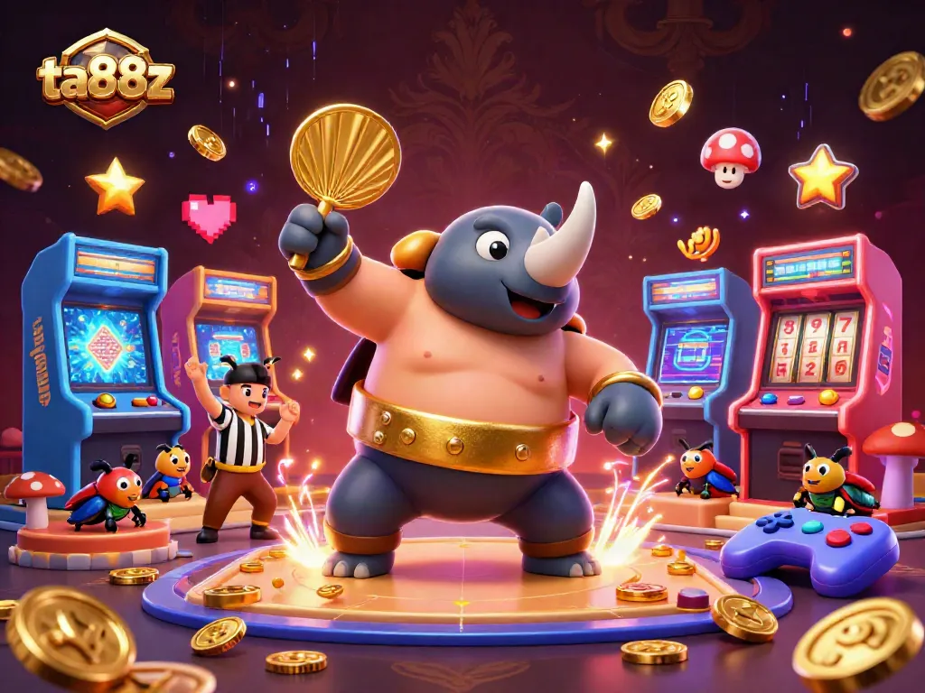 Join the excitement at ta88z with our colorful gaming scene featuring a beetle champion celebrating wins.