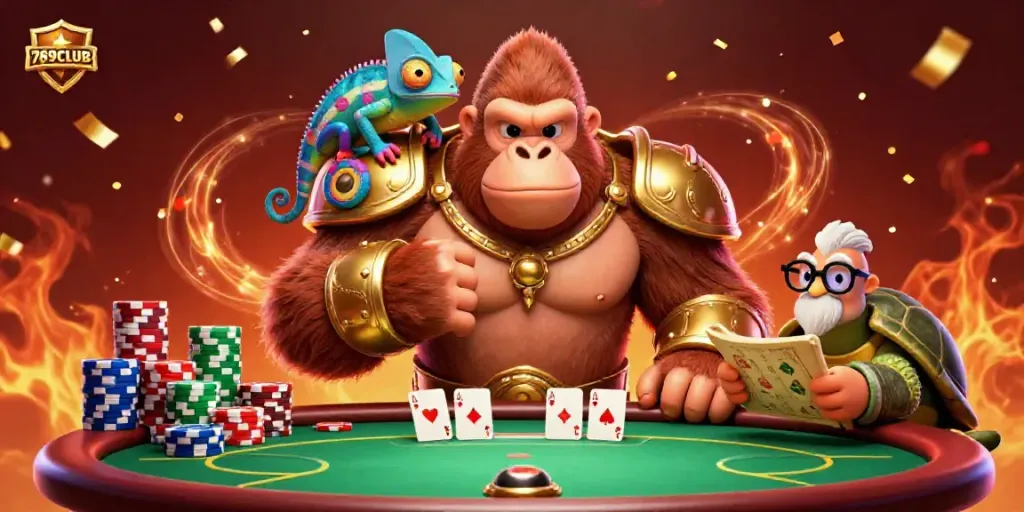 Experience an exciting moment at 789CLUB with a powerful gorilla king, colorful poker chips, and energetic casino atmosphere.