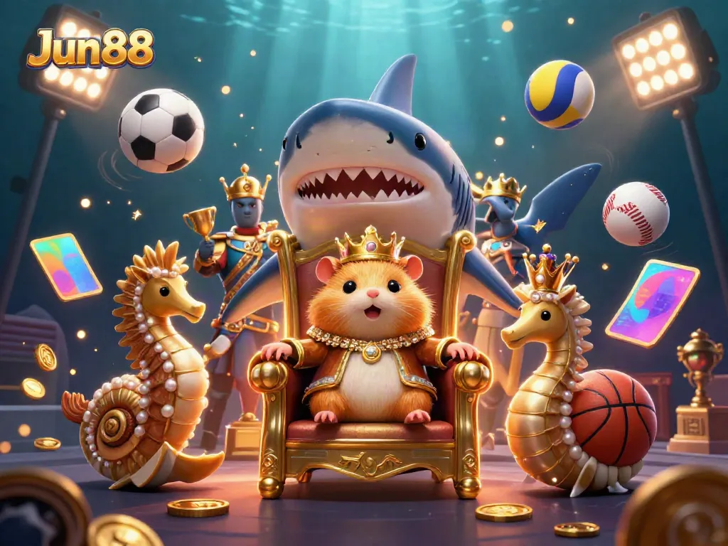 Join the action at Jun88 with a vibrant scene featuring a golden hamster king and sports elements in an underwater casino setting.