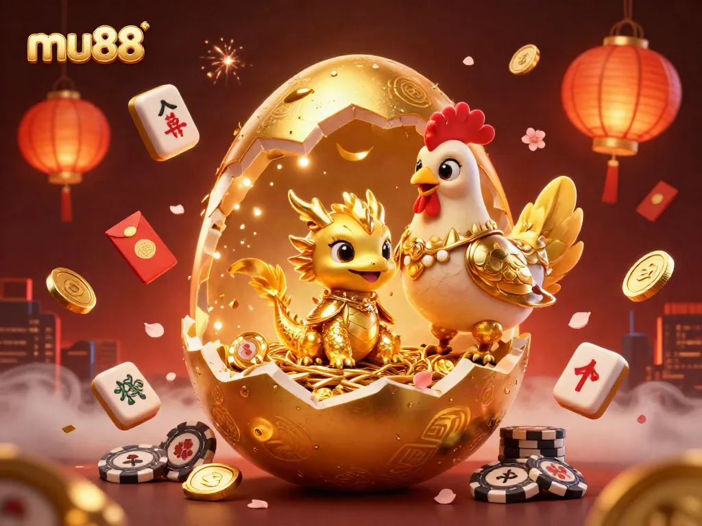 Engage with mu88's thrilling gambling experience with a vibrant golden dragon emerging from gambling chips.
