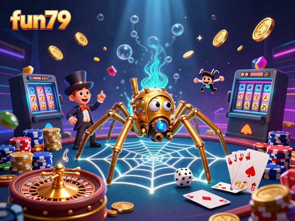 Experience fun79 casino excitement with a playful steampunk spider and vibrant gaming elements.
