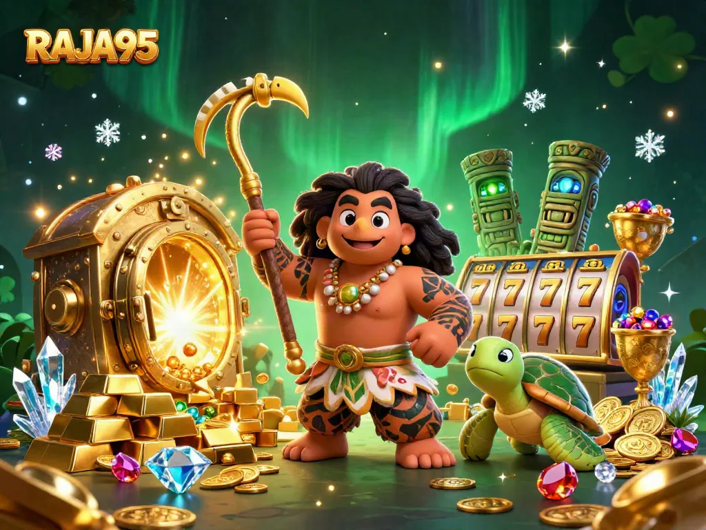Engage with RAJA95's vibrant 3D scene featuring a demigod hawk, treasure, and slot elements.