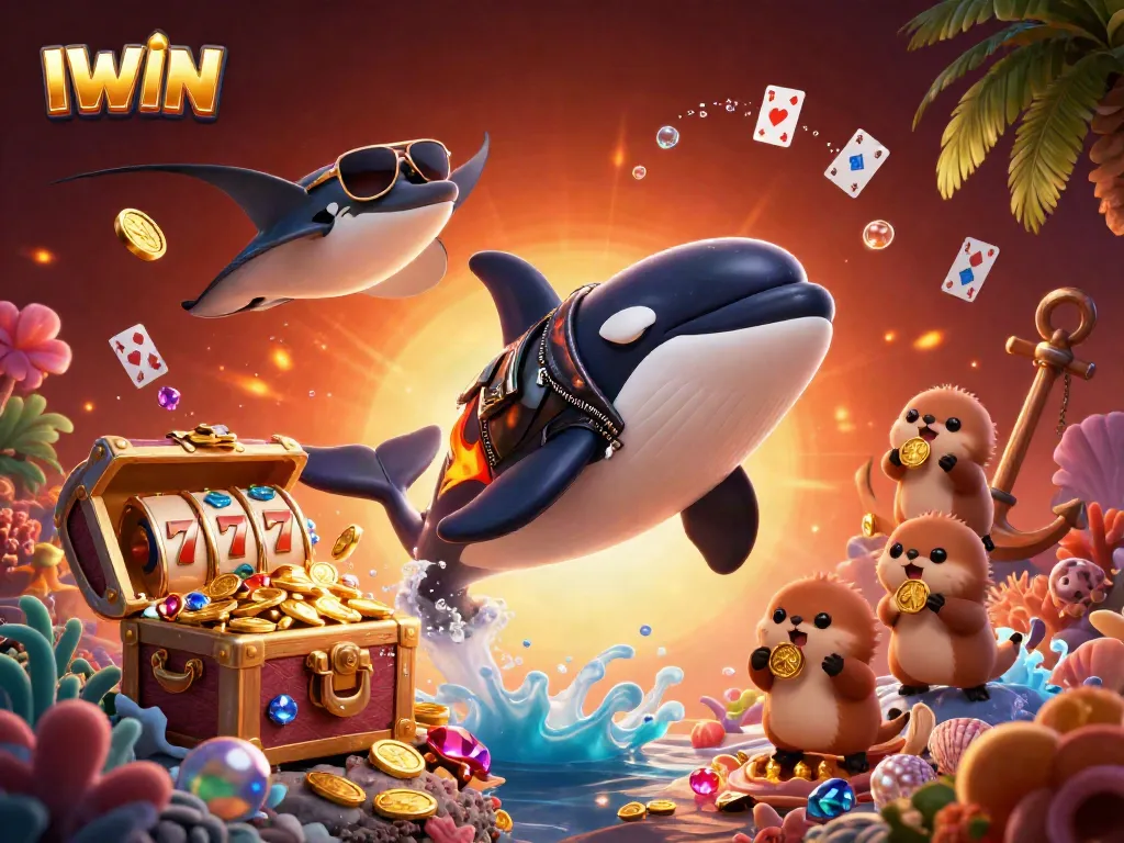 IWIN showcases thrilling casino gaming with vibrant orca and otter characters enjoying slots and treasure