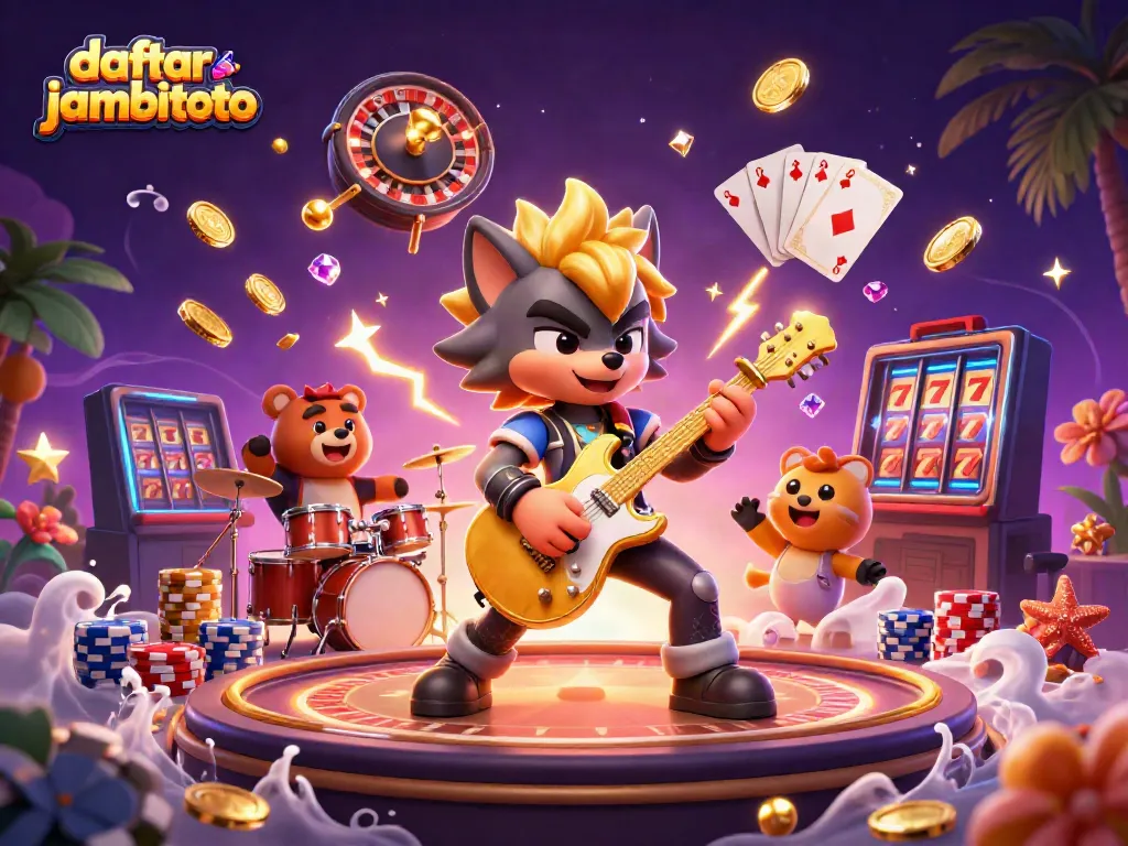 Experience thrilling gaming action on daftar jambitoto with a vibrant casino illustration featuring iconic symbols.