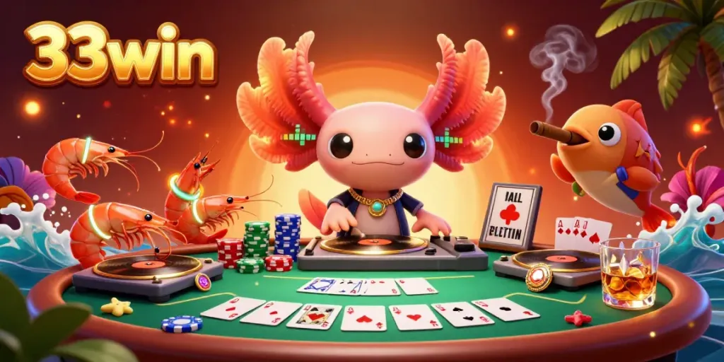 Engage in vibrant casino action with 33win as an axolotl DJ spins tunes amidst animated shrimp and poker elements.