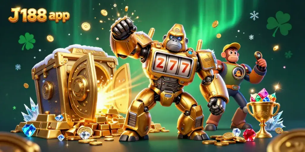 Win big with the J188 app featuring a golden gorilla mech and casino elements in an explosive game environment.