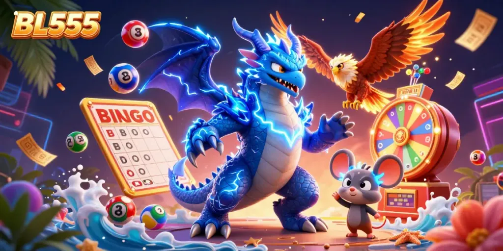 Engage in thrilling casino games with BL555 featuring vibrant characters and dynamic prize displays.
