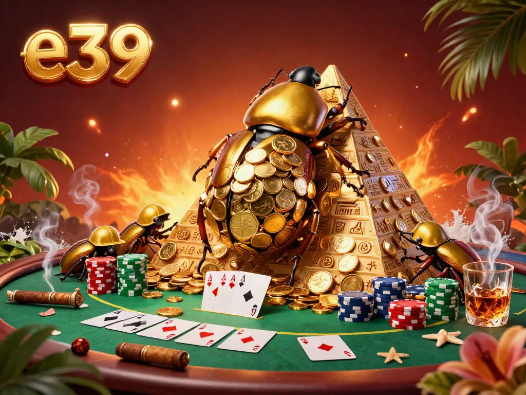 Experience the excitement of e39 with a massive golden beetle rolling coins up a casino pyramid, poker elements present.