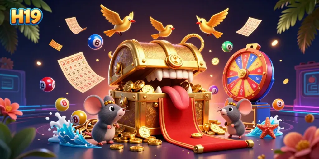 H19 invites players to dive into thrilling chances, surrounded by vibrant lottery games and animated treasures.