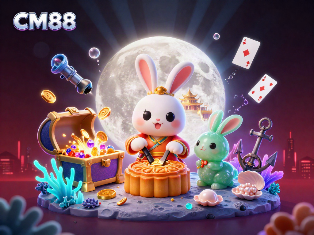 Experience thrilling gameplay with CM88 as moon rabbit reveals poker chips inside golden mooncakes in this vibrant scene.