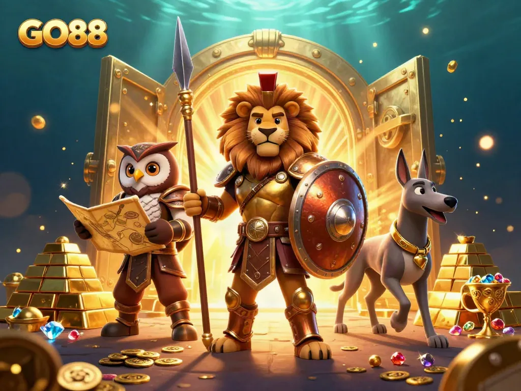 Explore GO88's vibrant gaming world with rich treasures and engaging characters in action.