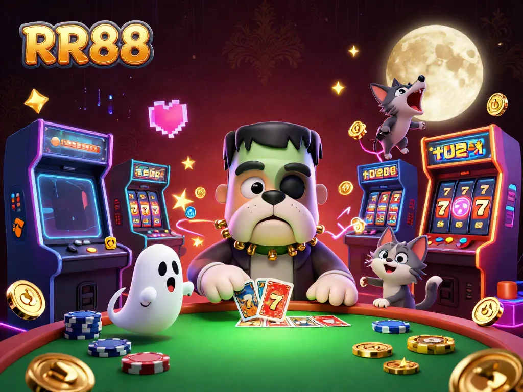 Engaging scene featuring RR88's cartoon Frankenstein bulldog dealing cards at a spooky casino table.