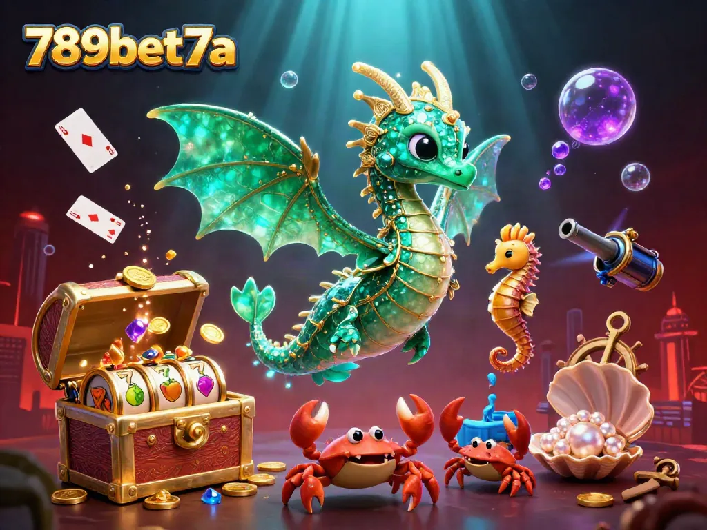 789bet7a's vibrant casino-themed 3D illustration featuring a sea dragon and slot machines amidst treasures