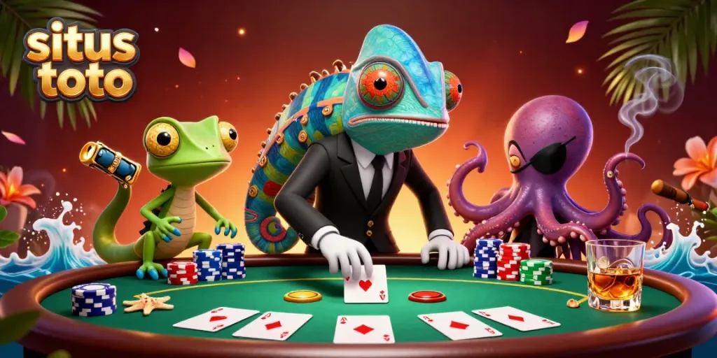 Menghadirkan suasana bermain di situs toto dengan chameleon, gecko, dan gurita di meja poker.