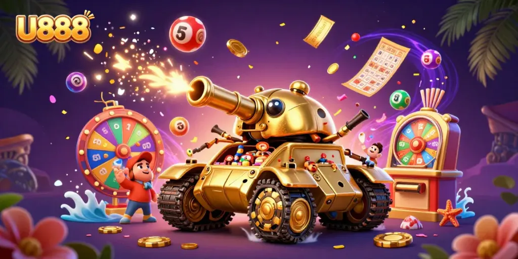 Play and win big at U888 through an engaging 3D casino experience packed with vibrant lottery and gaming elements.