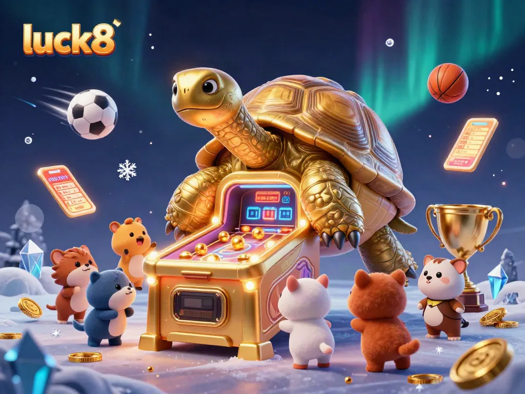 Join the excitement at luck8 with a bustling scene of a tortoise pinball and sports elements.
